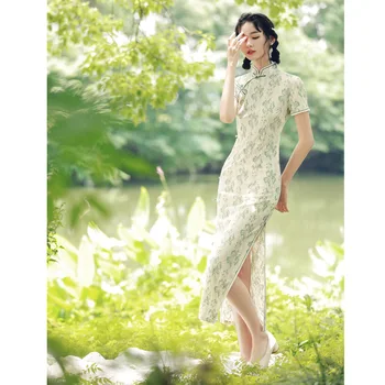 Verde de Renda Cheongsam de Manga Curta Chinês Tradicional Vintage Vestido de Trajes das Mulheres fina Elegante Qipao S Ao XXL 5