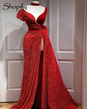 Vermelho longo Vestido de Noite 2022 de Alto Luxo-de-Fenda, decote em V sem Mangas Sequin Mulheres Africanas Formal Vestidos de Noite