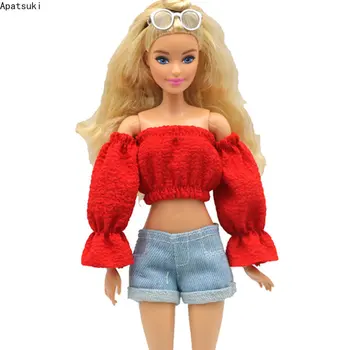 Vermelho Moda Princesa Top de Manga Shorts Jeans Roupas para a Boneca Barbie Roupa Roupas de 1/6 BJD Bonecas Acessórios 0