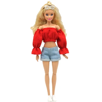 Vermelho Moda Princesa Top de Manga Shorts Jeans Roupas para a Boneca Barbie Roupa Roupas de 1/6 BJD Bonecas Acessórios 2