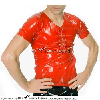 Vermelho Sexy Látex Camisa Com Laço Frontal, Gola Redonda de Borracha Superior Blusa YF-0085