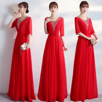 Vermelho Sexy V-pescoço Chinês de Vestido de Noiva de Luxo Longa Cheongsam Plus Tamanho 3xl Mulheres de Cintura Alta Arco Noite, Vestido de Festa