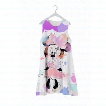 Verão novo Disney de roupas infantis do Mickey e Minnie saia impresso gola redonda, sem mangas, desenhos animados casual bonito vestido de princesa