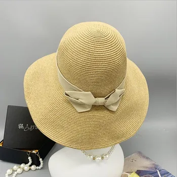 Verão, protetor solar cúpula beiral largo monocromático mulheres urdidura de malha simples chapéu de palha pode ser dobrado de moda popular bom balde de chapéus