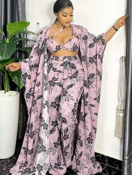 Vestes Africanas Roupas Para Mulheres De Vestido Moda De Estampa Floral Solta Manto Calças Sutiã Lenço De Cabeça, 4 Conjunto De Peças De Vestuário Africano