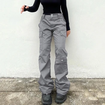 WeiYao Cinza Casual Costurado Bolso De Calças Cargo Das Mulheres Cintura Baixa Vintage Streetwear Jeans Coreano Moda Reta Calças Jeans