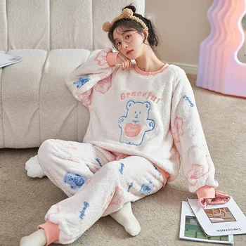 Yasuk de Inverno de Moda feminina Casual Sólido Macio Quente Pijamas Nightgow Solta Pijama Com Calça de Flanela, Veludo, o Adorável Urso Rosa