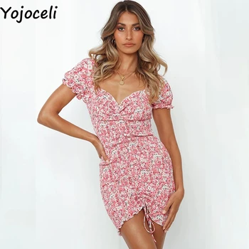 Yojoceli Sexy babado curto mulheres bodycon vestido de verão Casual clube de praia doce vestido de estampa Floral mini shirred vestido de vestidos 0