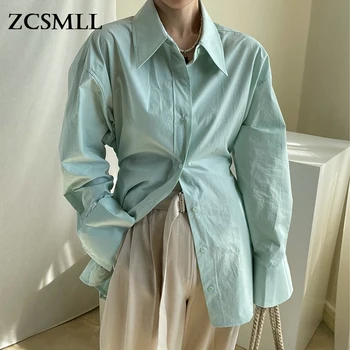 ZCSMLL coreano outono nicho estilo de design de lapela lado plissado single-breasted cintura fenda lateral, camisa de manga comprida mulheres 0