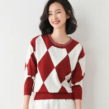 À volta do decote da camisola feminina outono inverno novo camisola xadrez coreano cor de plano de fundo camisa das mulheres 1