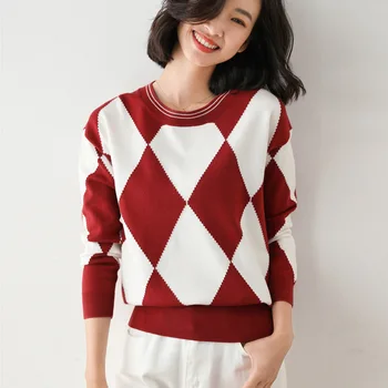 À volta do decote da camisola feminina outono inverno novo camisola xadrez coreano cor de plano de fundo camisa das mulheres 5